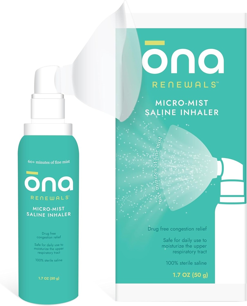 ONA Renewals Saline Micro-Mist Nasal Inhaler, Congestion Relief for Adults, Cold and Flu, Allergy, Sinus Relief, Unscented, 1.7oz