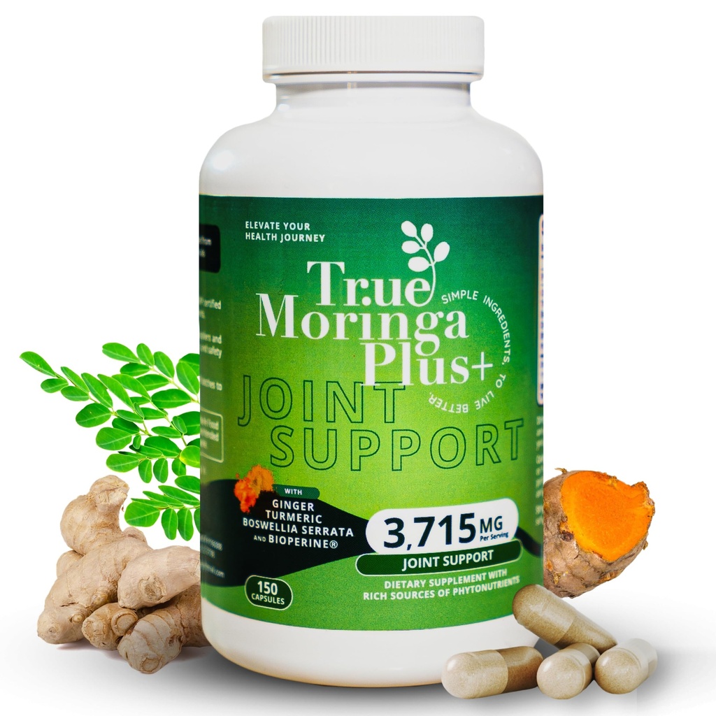 True Moringa Plus+ Joint Support Supplément 10:1 Extrait de 20 000mg de Moringa biologique, Curcumine curcumine, Ginger, Boswellia, BioPerine.
