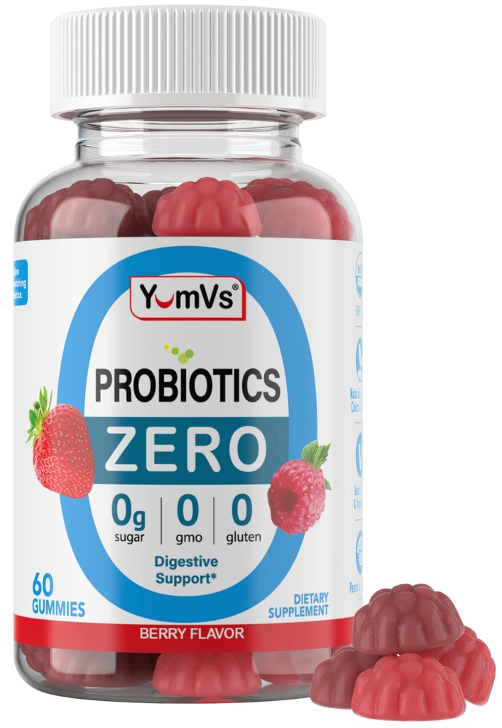 YUM-V'S - Zero Sugar Probiotic Gummis for Digestive Health - Sugar Free Probiotics for Women, Men & Kids - Gut Health Probiotic Gummis for Adults & Kids - Digestive Support Gummy Supplements - 60ct