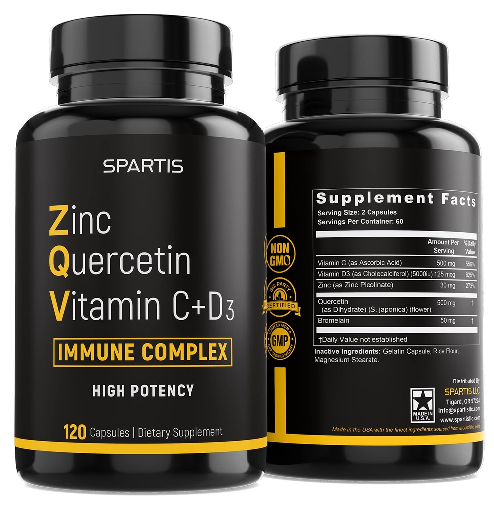 Zink Quercetin 500mg mit Vitamin C Vitamin D3 Bromelain Immune Support Hochpotenz Quercetin Zinkergänzung ZQV von SPARTIS (Paket von 1 Flasche bei 120-Caps)