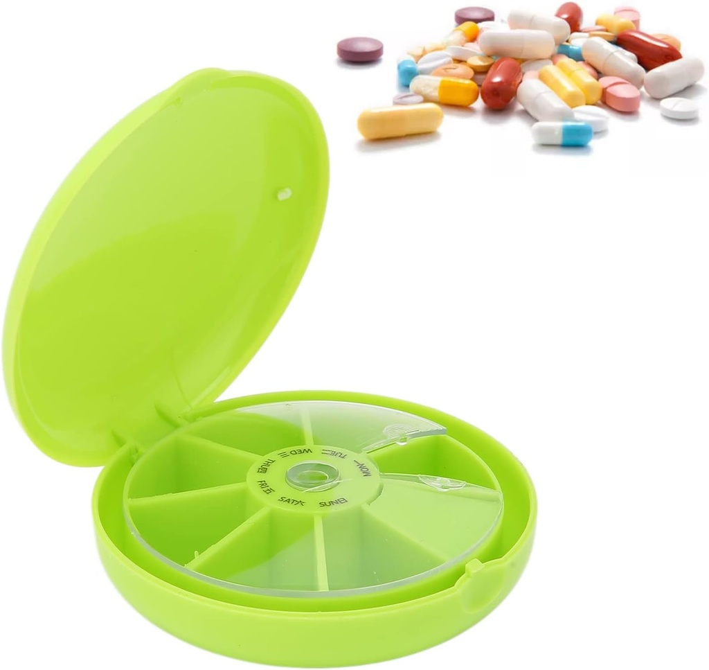 7 Day Pills Container, Seven Grids Pills Box Organizers Round 7 Compartments Travel Box for Home Travel Pills Case Medication Aids Tool Daily Week Reminder Case(Green)