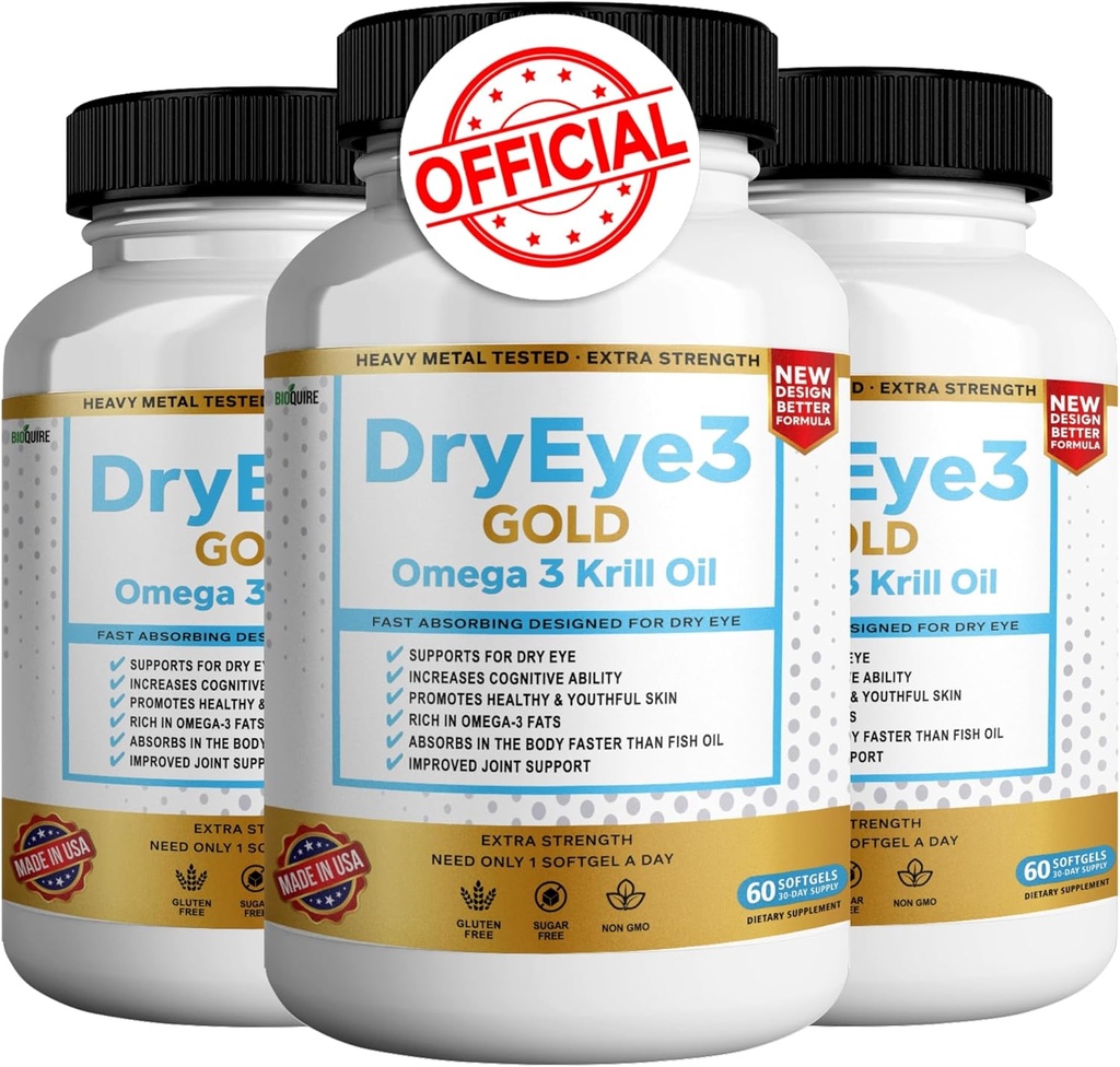Dry Eye 3 Gold Omega 3 Krill Öl Extra Strength, 60 Softgels, Dry Eye Support, Non-GMO, Gluten Free, Sugar Free (3)