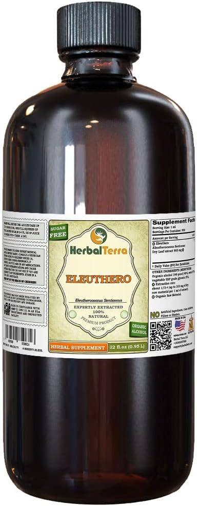 Eleuthero (Eleutherococcus Sensicosus) Teinture, feuilles séchées Extrait liquide (Marque: HerbalTerra, Fièrement fabriqué aux États-Unis) 32 fl.oz (0.95 l)