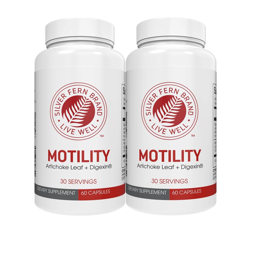 Silver Fern Brand Motility - Constipation non laxative et stimulation de la motilité lente - 120 capsules, 60 jours d'approvisionnement - Contient une feuille d'artichaut, des pods d'okra tendres, et cerise d'hiver