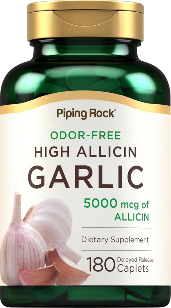 Piping Rock Odorless Knoblauch Pillen mit High Allicin | 180 Caplets | Odor Free | Vegetarisch, Non-GMO, Glutenfrei
