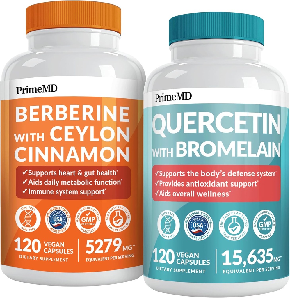 Supplément berbère 21-en-1 avec Chromium Ceylan Cinnamon, Melon amère et extrait de thé vert (120 ct) et 28-en-1 Quercetin avec supplément bromelain pour support de défense immunitaire (120 ct)