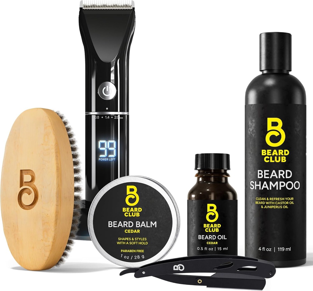The Beard Club Grooming Bundle: Trimmer for Men & Care Kit - Includes Cordless Electric Trimmer, Straight Edge Razor, Shampoo, Cedar Balm & Oil, Brush - 8 Guides, 45 Längen