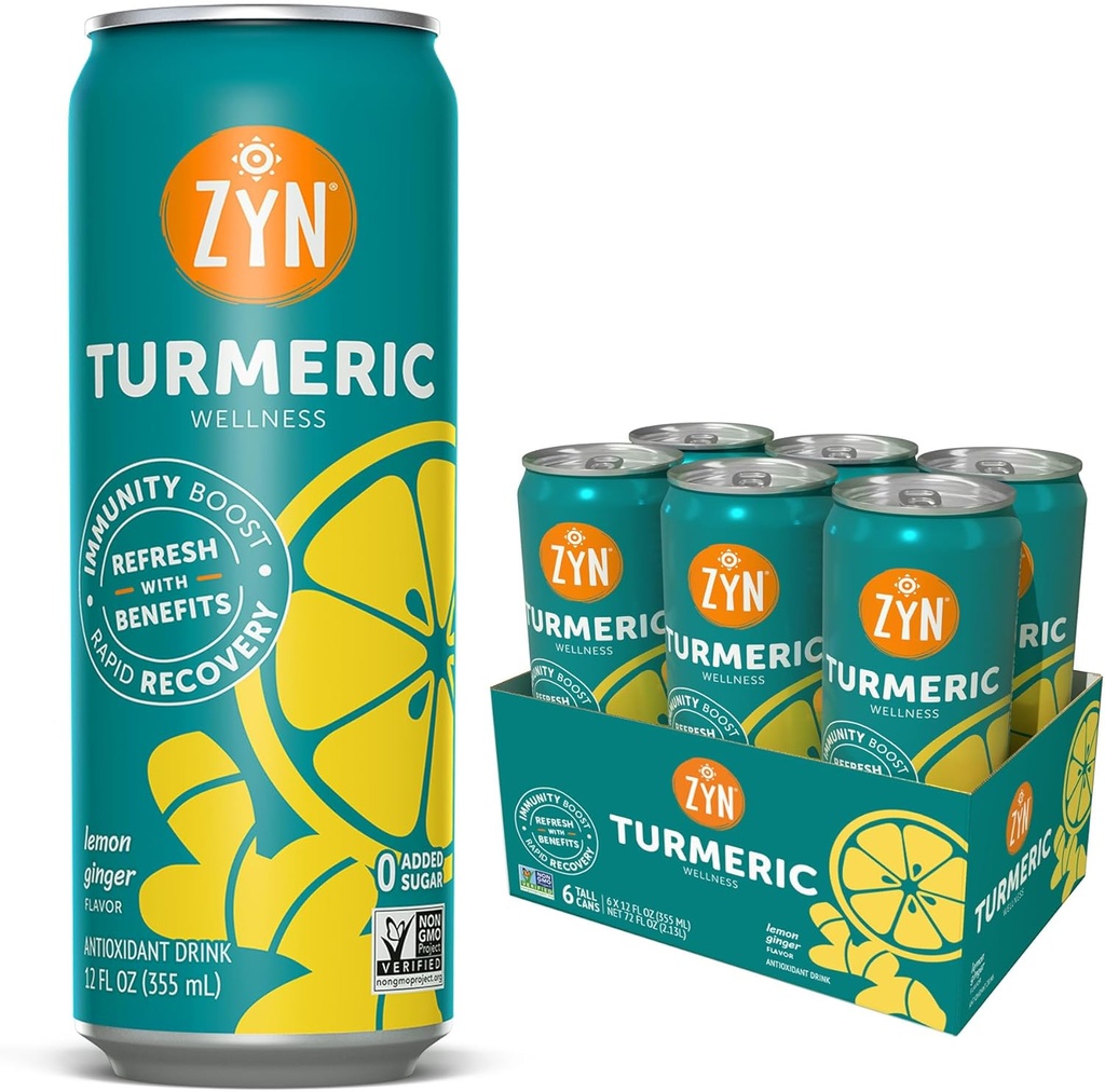 ZYN Turmeric Wellness Drink (6 Pack), Lemon Ginger Flavored Turmeric Curcumin Getränk mit schwarzem Pfeffer, Kein hinzugefügt Zucker, Low Carb & Low Calorie Getränk, Clean Alternative