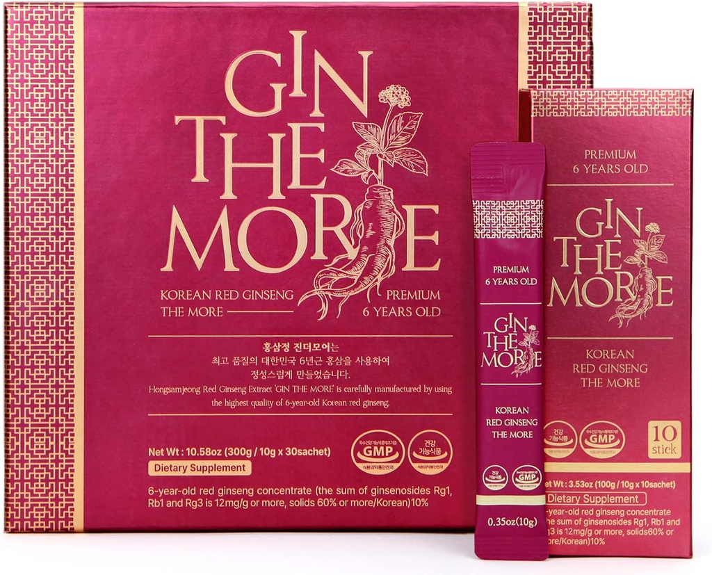 [Gin the More] Korean Red Ginseng – 30 Sachets Korean Ginseng Extract – Premium Ginseng Extract 6 Jahr mit Keine Konservierungsstoffe, Füllstoffe – Angenehmer Geschmack – Nährstoff verpackt Immunität Shot