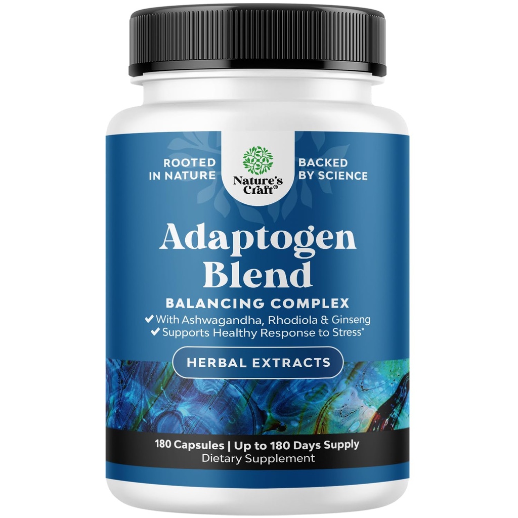 Herbal Adaptogen Mood Support Supplement - Berechnung Adaptogene Ergänzung für Stress & Cortisol Management mit Ashwagandha Rhodiola Rosea & Maca Root - Vegan Non GMO & Daytime Friendly -180ct