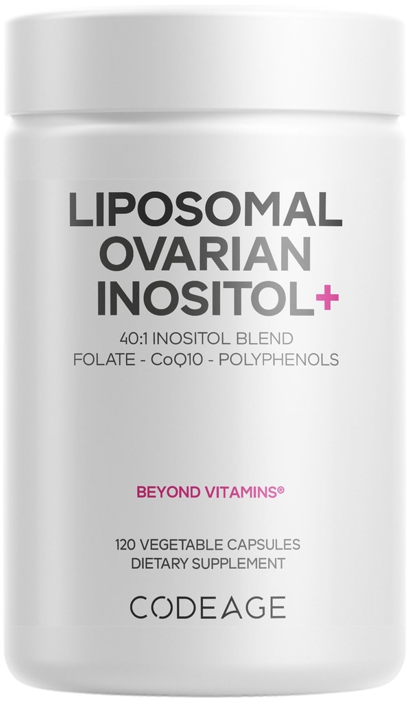 Codeage Inositol+ Liposomique Inositol+ Supplément - Myo-Inositol & D-Chiro-Inositol 40:1 Blend, Folate 5-MTHF, CoQ10, grenade et myrtilles sauvages, livraison liposomique, non-OGM, sans gluten - 120 capsules