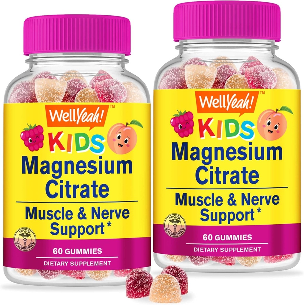 WellJa Magnesium Citrate Gummis für Kinder (2 Pack) - Kaubare Stress-Relief-Ergänzung für Kinder - Natürliche Beruhigung, Mood-Unterstützung, Non-GMO, Glutenfrei - natürliche Quellen Flavors - 60 Gummis