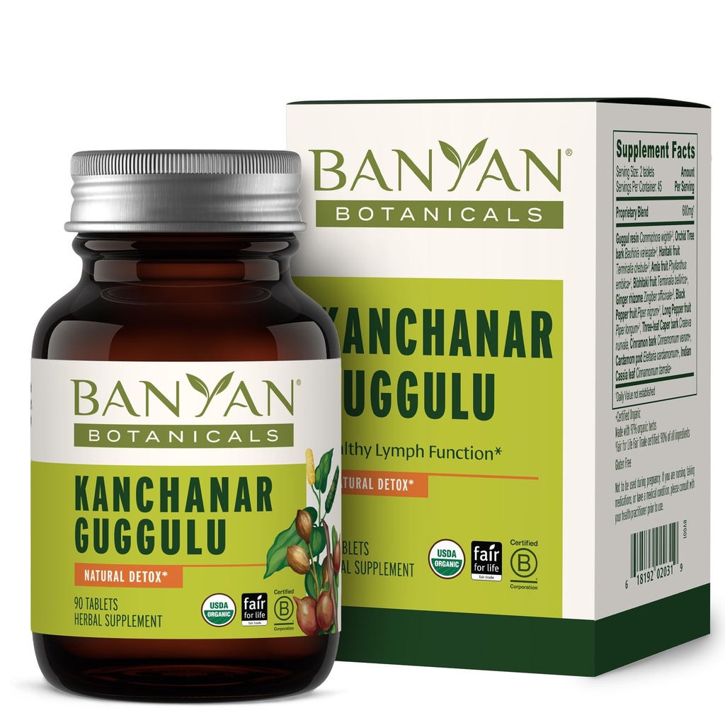 Banyan Botanicals Kanchanar Guggulu Comprimés – Supplément lymphatique biologique avec résine de Guggulu – Promotion de l'élimination saine des toxines naturelles* – 90 comprimés – Vegan non-OGM