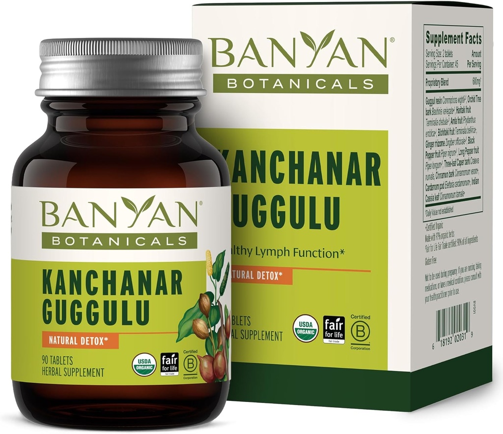 Banyan Botanicals Kanchanar Guggulu Comprimés – Supplément lymphatique biologique avec résine de Guggulu – Promotion de l'élimination saine des toxines naturelles* – 90 comprimés – Vegan non-OGM