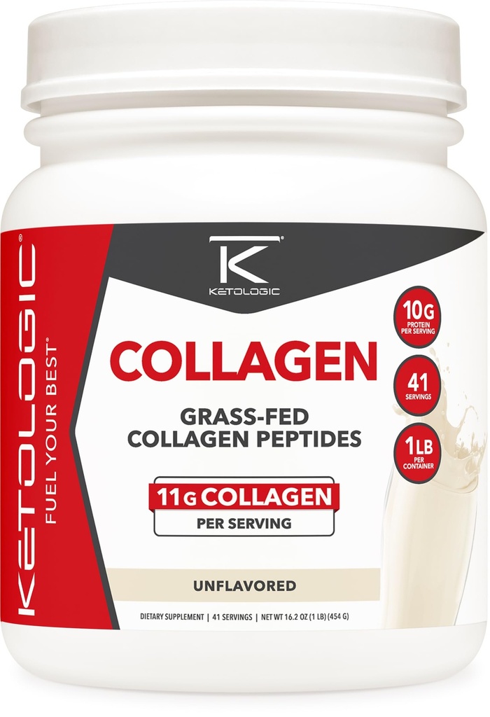Ketologic Grass Fed Collagen Hydrolysate Powder (Unflavored) (1 LB) - 41 Servierungen, 11 G Collagen Per Servieren, 10 G Protein Per Servieren - Grass-fed Collagen Peptides