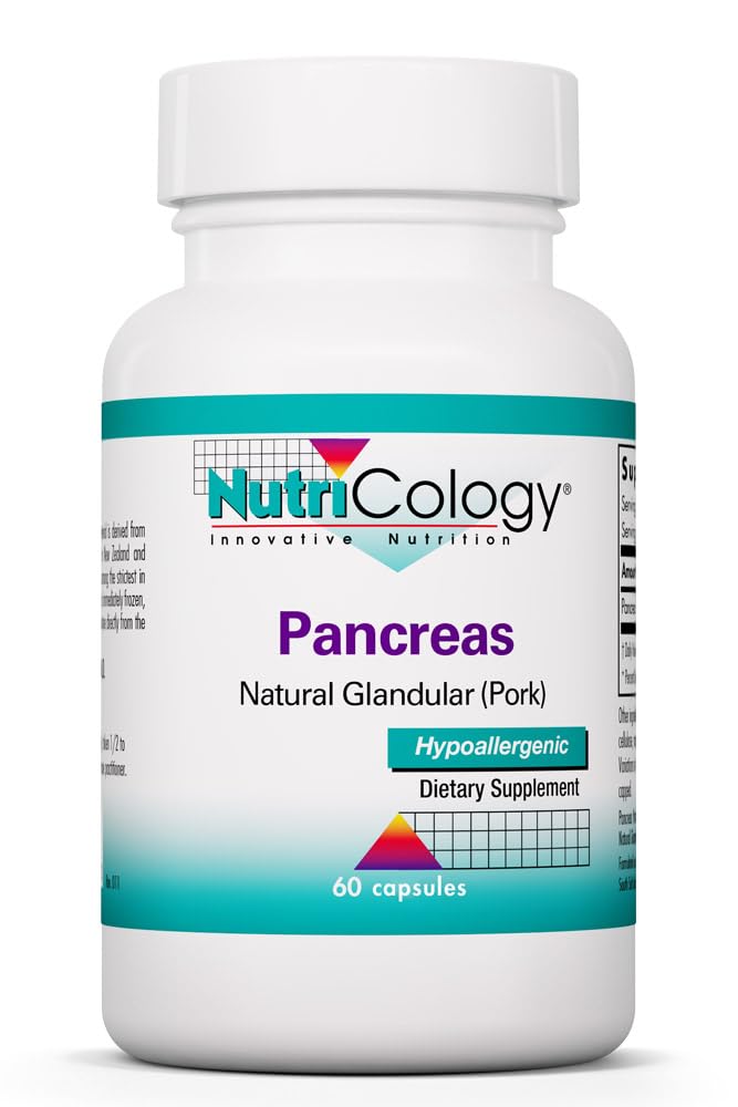 Nutricology Pancreas Pork 425mg Supplement - Pancreas Natural Glandular, Pancreatic Enzymes, Amylase, Protease, Lipase, Allergiker - 60 Count