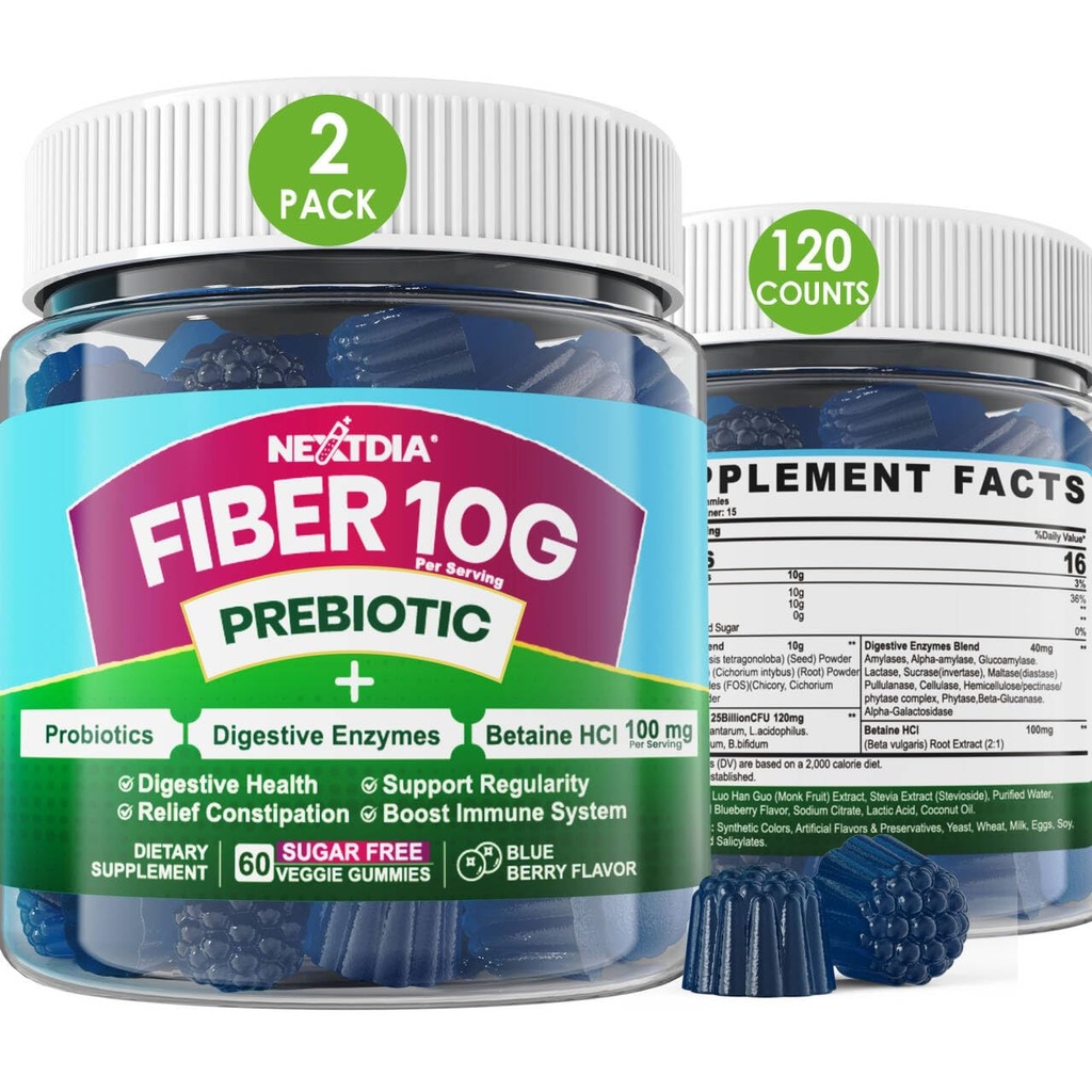 Ballaststoffe für Erwachsene, Sugar Free 10g Prebiotic Fiber Supplement mit Verdauungsenzymen, Probiotics & 100mg Betaine für Verdauungs- und Gutgesundheit und Regulate Bowel Movement, Vegan, Gelatin Free,120ct