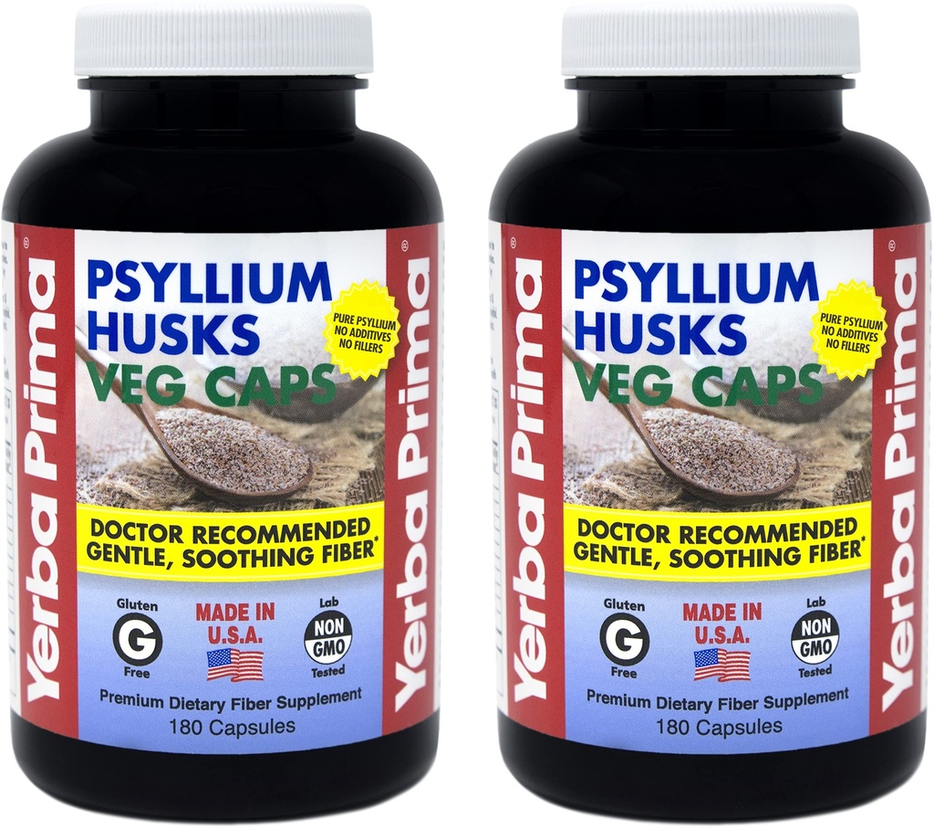 Yerba Prima Psyllium Husks Veg Caps - 180 Count (2 Pack) (625mg) - Vegan, Non-GMO, Glutenfrei, Colon Cleanser, Daily Fiber Supplement for Gut Health & Regularity