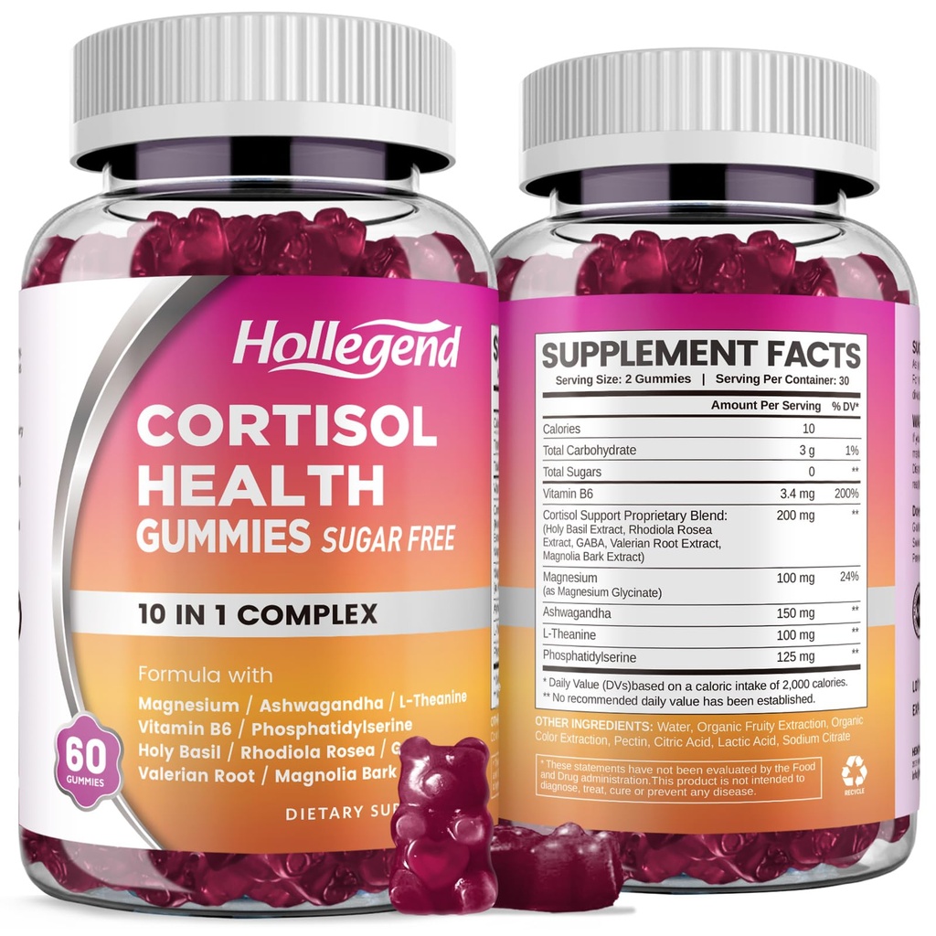 Suppléments de cortisol pour femmes hommes, Gommies de cortisol avec Ashwagandha, Magnésium, L-Theanine, Phosphatidylsérine, B6 pour la désintoxication de Cortisol, Relaxation, Sommeil, Focus, Sans sucre, Vegan, 120