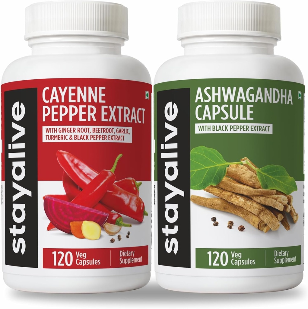 STAY ALIVE Cayenne und Ashwagandha Bundle mit schwarzen Pfeffer Extrakt Kapseln, 240 Vegan Pillen, Non-GMO & Gluten Free Ashwagandha Cayenne Pfeffer Ergänzung