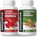 STAY ALIVE Cayenne und Ashwagandha Bundle mit schwarzen Pfeffer Extrakt Kapseln, 240 Vegan Pillen, Non-GMO & Gluten Free Ashwagandha Cayenne Pfeffer Ergänzung