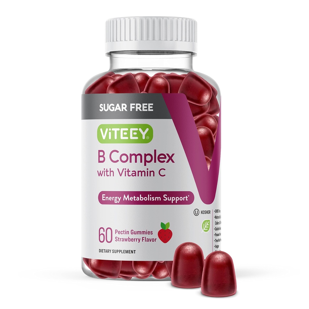 VITEEY Vitamin B Complex Gummis mit Vitamin C, Sugar Free - Energy, Metabolism & Nerve Health - B6, B12, Folsäure, Biotin - Vegan, Gelatin Free, GMO Free - Tasty Chewable Strawberry Flavored Gummy