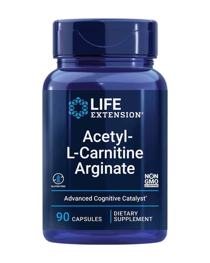 Extension de vie Arginate d'acétyl-L-Carnitine, Santé avancée du cerveau et des nerfs, Soutien énergétique cellulaire, Sans gluten, Non-OGM, 90 Capsules