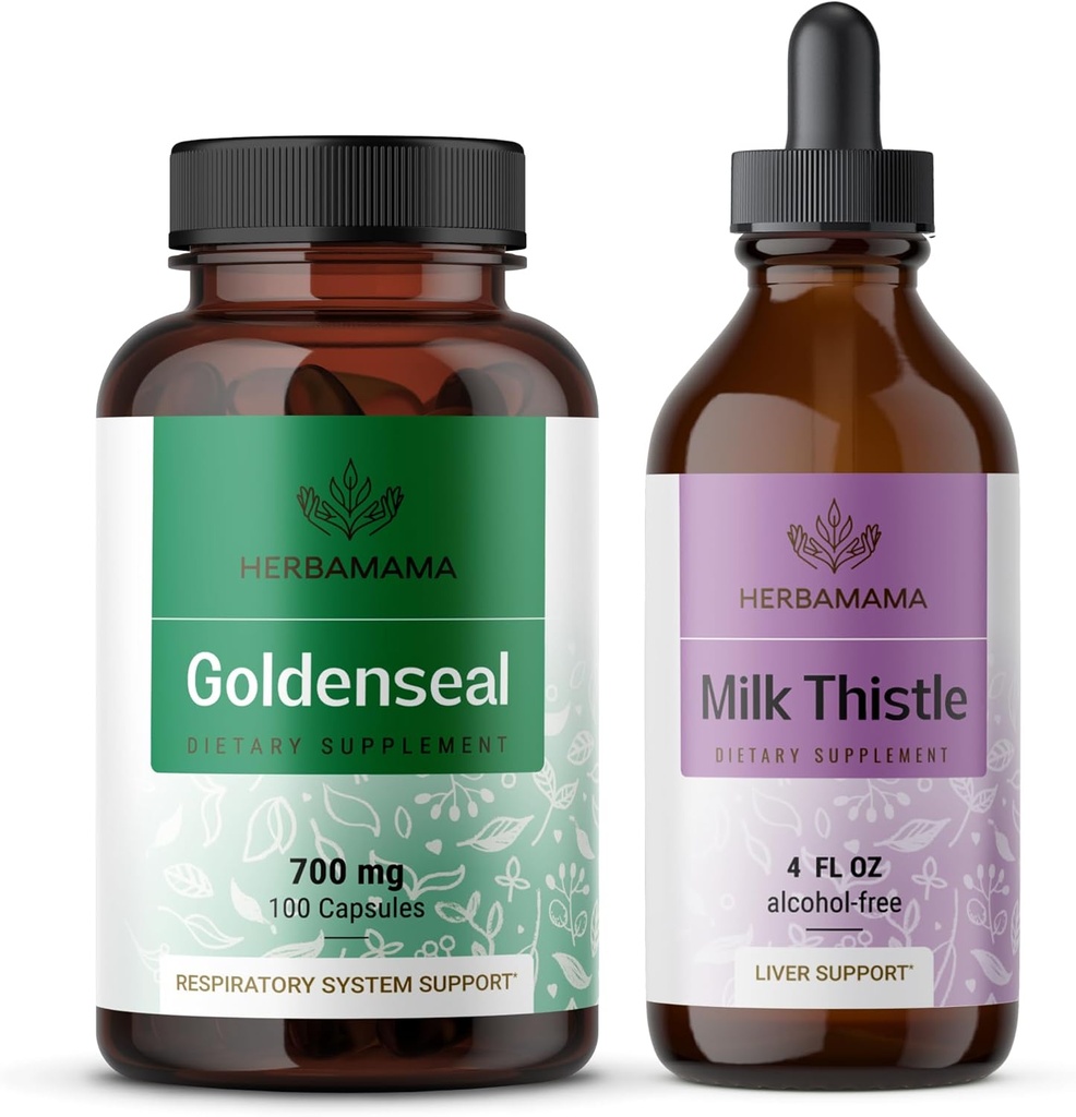 HERBAMAMA Goldenseal und Milk Thistle Kit - Bundle von 700 mg Goldenseal Root Capsules and Milk Thistle Tincture 2 fl oz - Vegan, Non-GMO, Sugar & Alcohol-Free - 2 Pack