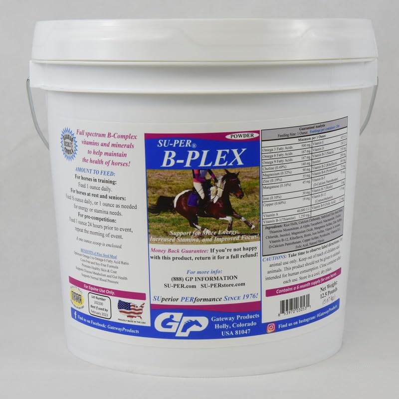 Vitamines équidés en poudre de Plex-B-PER - Supplément complet de vitamines et minéraux de chevaux complexes de B - Hooves en santé, globules rouges, poudre calmante de cheval - 12,5 livres, 6 mois d'approvisionnement (180 jours)