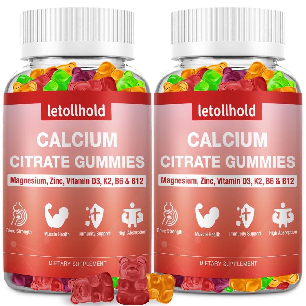 Calcium-Zitrat-Gummien - 1200mg Calcium-Gummien mit Magnesium Zink-Vitamin D3,K2, B6, B12 für Knochen, Muskel, Gelenke, Immununterstützung, hohe Absorption Calcium-Ergänzungen für Frauen und Männer 2 Packungen