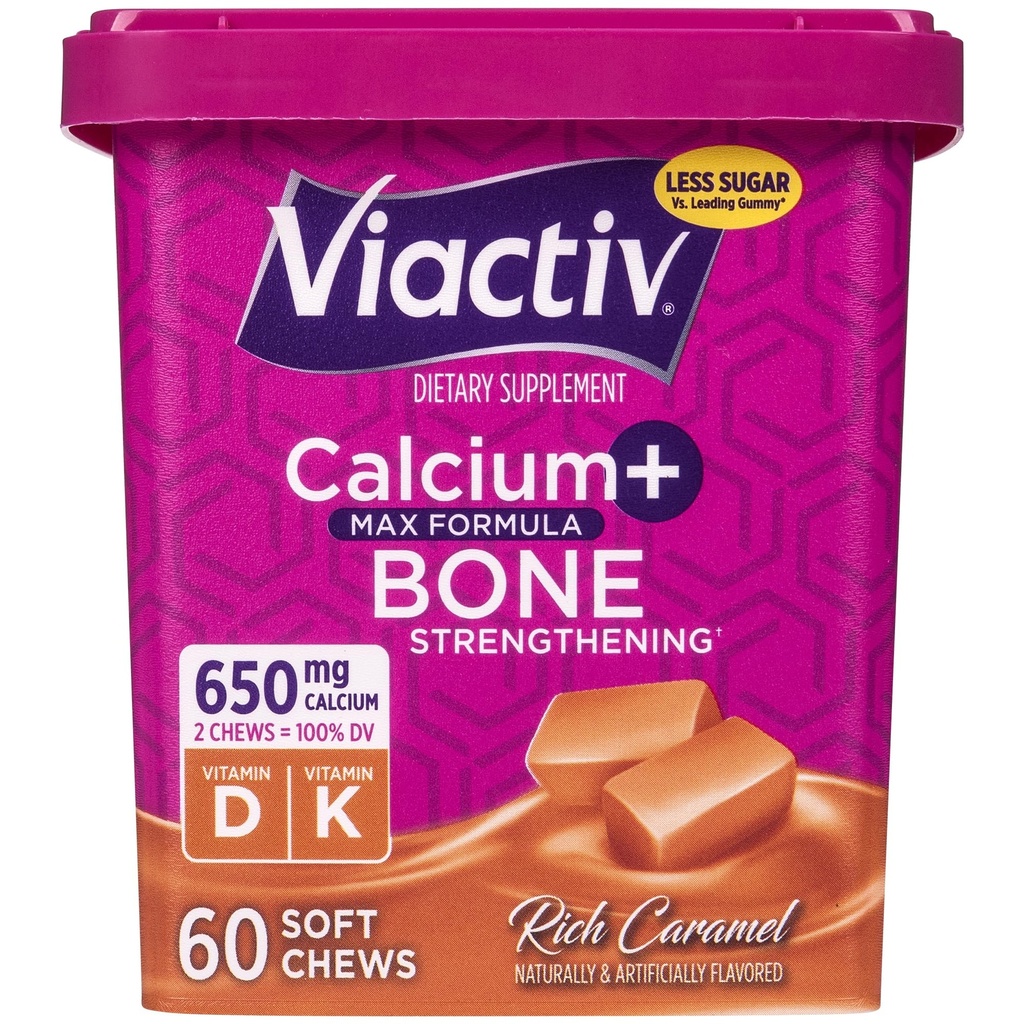 Viactiv Kalzium + Vitamin D Supplement Soft Chews für Damen und Herren - Kaubares Kalzium für Knochengesundheitsunterstützung, 650 mg pro Servierung, Vitamin D & K für hohe Absorption - 60 Count, Caramel