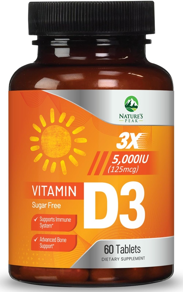 Vitamin D3 5000iu (125 mcg) Immun-Gesundheitsunterstützung - Hohe Potenz Vitamin D Nahrungsergänzungsmittel für Knochen, Zähne, Muskel - Nature's VIT D, Vegan, Glutenfrei, Raspberry Flavor - 60 Kautabletten