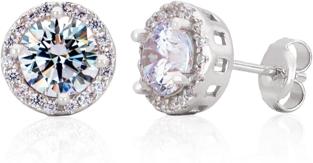 Boucles d'oreilles en argent sterling à la main Zircon Gemme Halo 9mm