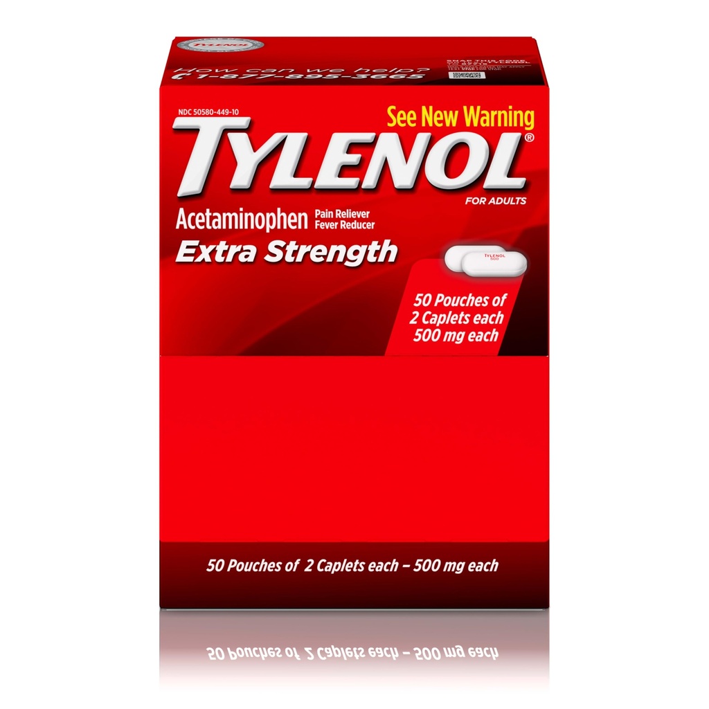 Tylenol Caplets d'acétaminophène extra-résistance, 500 mg, réducteur de douleur et de fièvre pour les maux de tête, les maux de dos, les dents, les crampes menstruelles et la douleur, emballage voyage-friendly, 2-Caplet Pouches, 50 Compte
