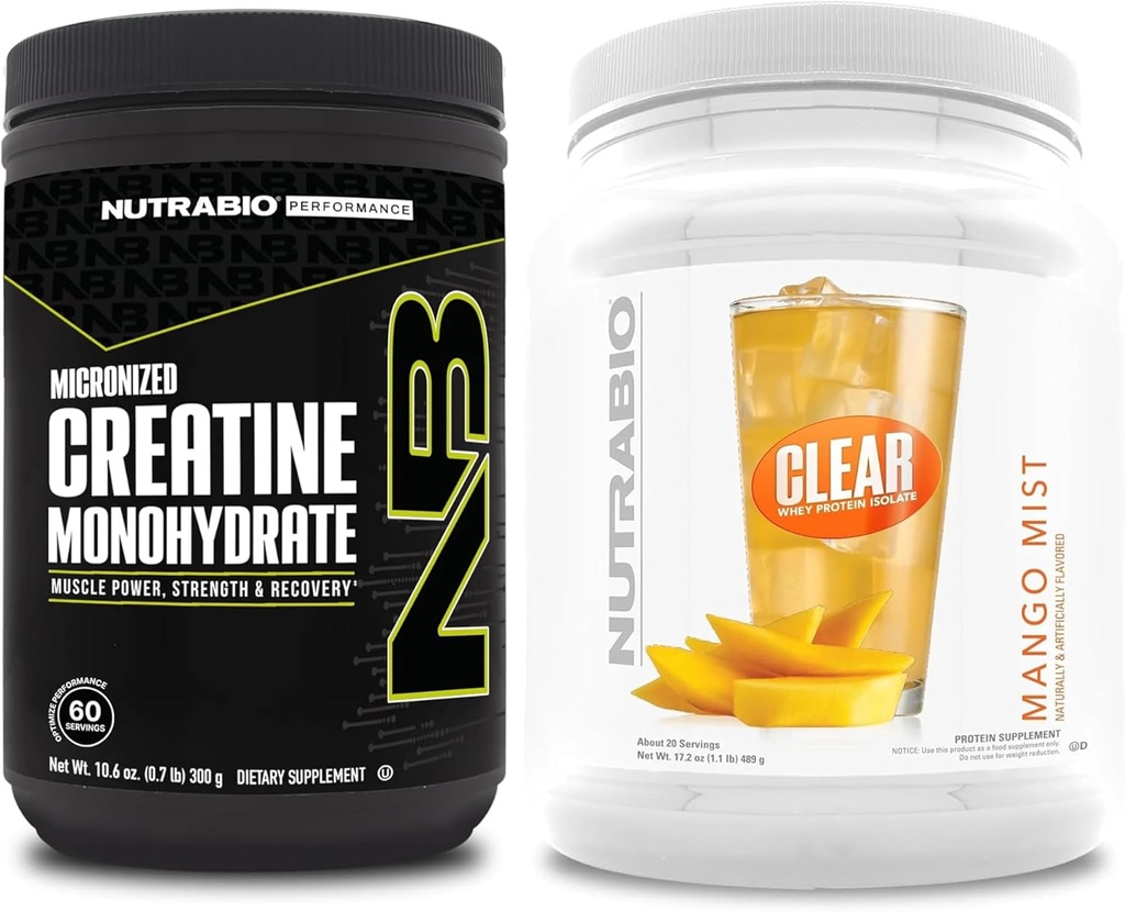 NutraBio Creatine Monohydrat, Unflavored, (300 g) und Clear Whey Protein Isolate, (Mango Mist) Supplement Bundle – Muskelenergie, maximales Wachstum, Erholung und Stärke