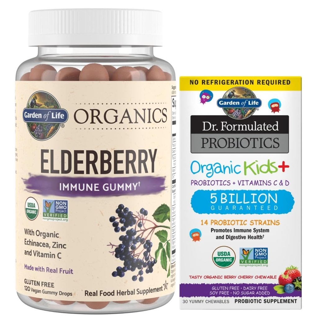 Garten des Lebens Organics Elderberry Gummies für Erwachsene & Kinder - Immununterstützungsergänzung & Dr. Formulierte Probiotics Organic Kids+ Plus Vitamin C & D - Berry Cherry