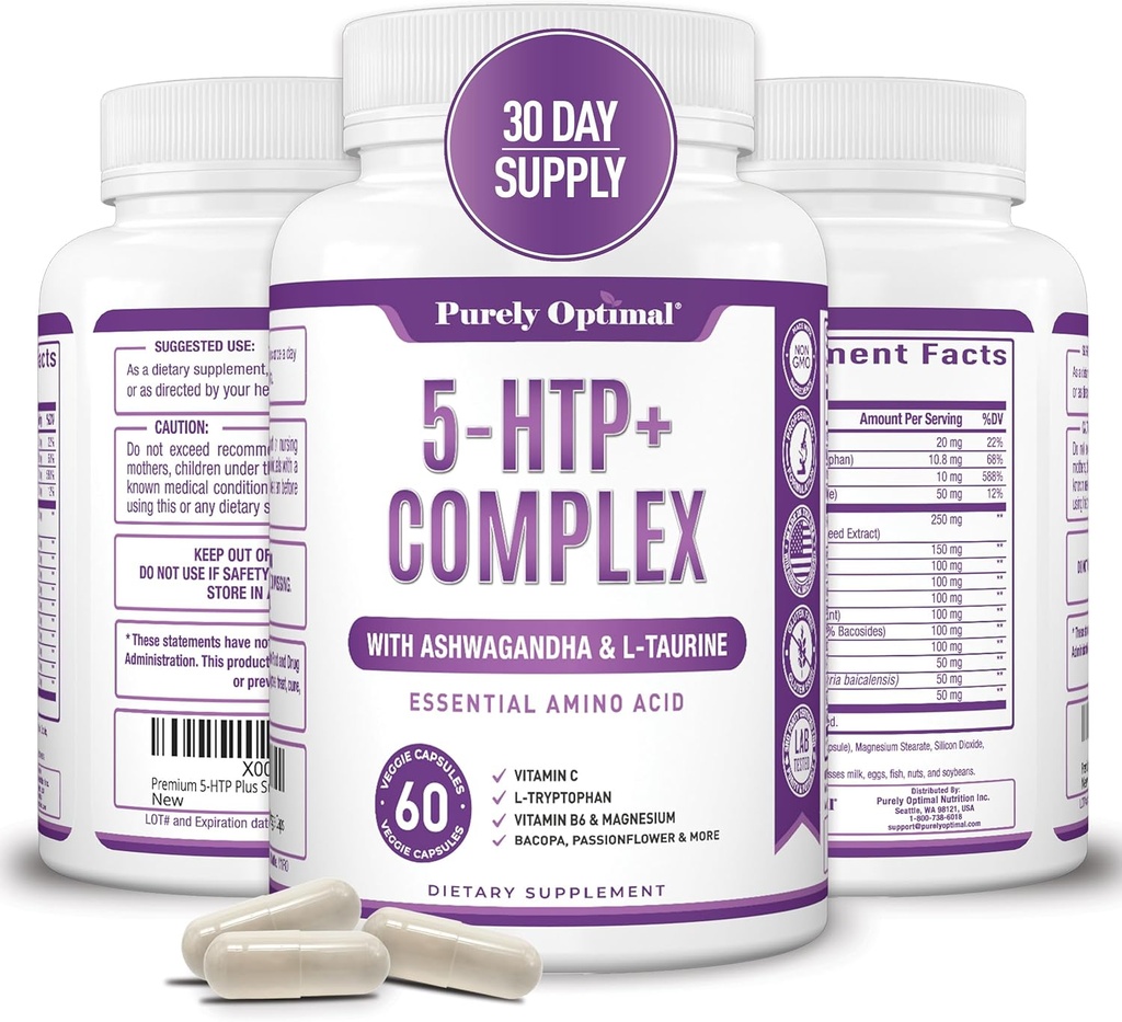 Premium 5-HTP Plus Ergänzung 250mg Maximale Stärke - Schlafhilfe, Mood Boost, fördert Beruhigung und Entspannung, Stressmanagement-Unterstützung - Verbessert mit Vitamin B6, Glutenfrei, Non-GMO, 60 Veggie Caps