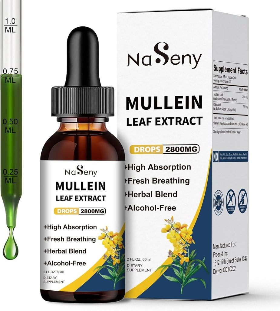 Mullein Tropfen für Lung Cleanse, Mullein Blatt Extrakt Flüssigkeit mit Chlorophyll für Raucher, Kräuterflüssigkeit Tropfen Ergänzung für Respirator, Immun (60ml)