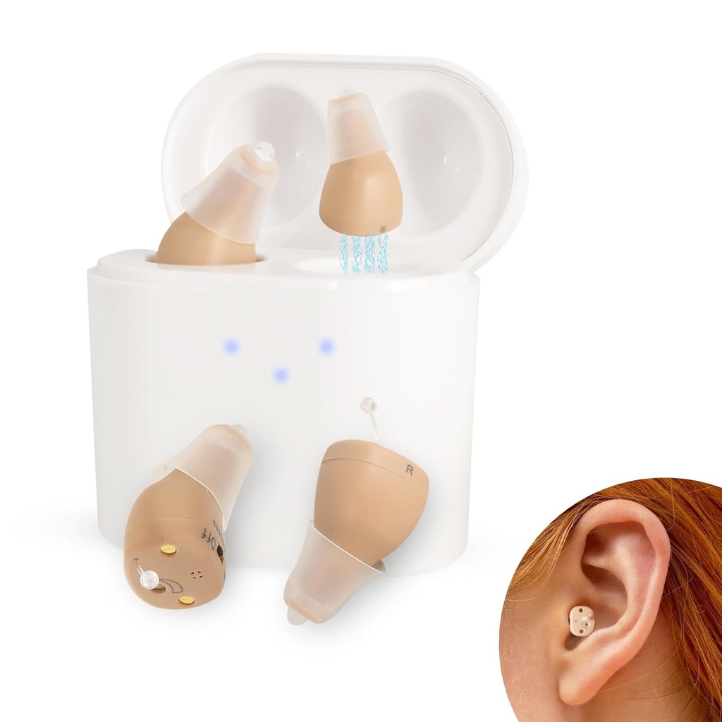 BEVI Hörgeräte für Erwachsene Senioren mit Ladefall, OTC Hörgeräte wiederaufladbar für Erwachsene Senioren wiederaufladbar mit Lärm abbrechen, Unsichtbare Hörgerät Beige,1 Paar