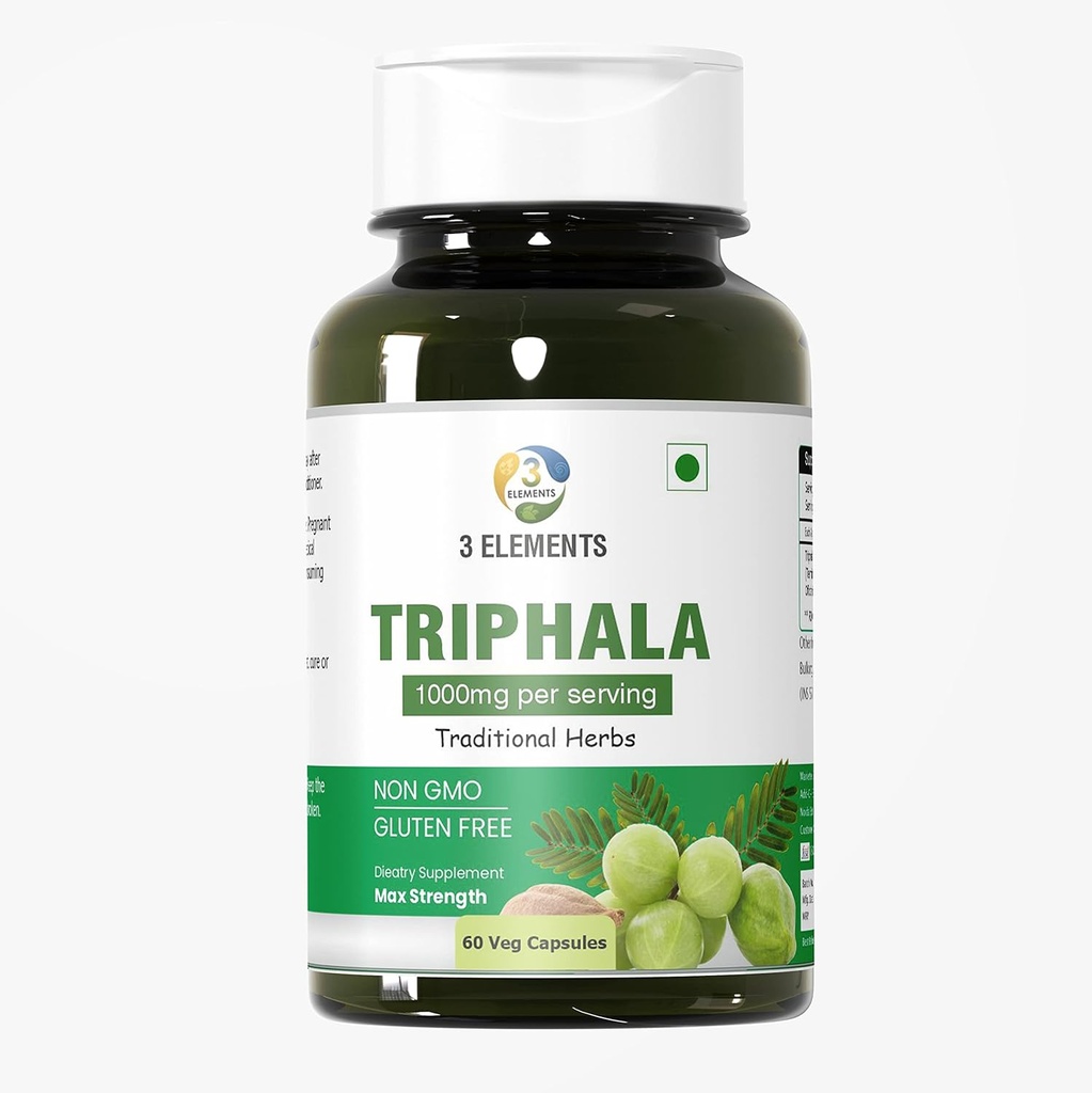 3Elemente Triphala 1000mg I 60 Kapseln für tägliche Entgiftung, Reinigung, & Verjüngung, Verdauung & Colon Unterstützung, Immunsystem Unterstützung, Adaptogen, Nährstoffdichter, Vegan, Glutenfrei