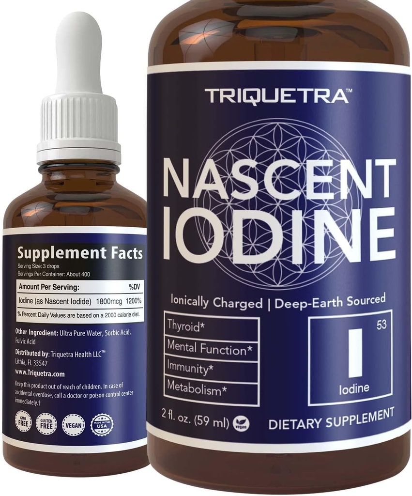 Nascent Iodine Supplement 400 Servierungen, Glasflasche, Vegan, 1800 mcg - 600 mcg pro Tropfen - Reine, klare Farbe - Unterstützt Schilddrüsengesundheit, Energie, Immunität und Stoffwechsel (2 oz.)