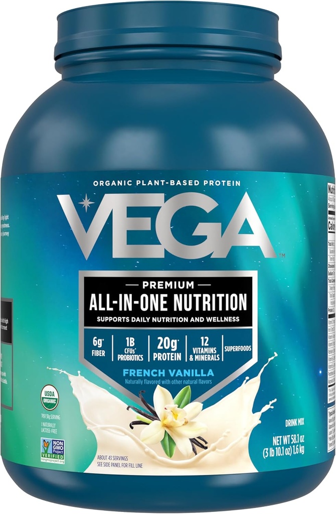 Vega Organic All-in-One Vegan Protein Pulver Französisch Vanille (43 Servierungen) Superfood Zutaten, Vitamine für Immunitätsunterstützung, Keto Friendly, Pea Protein für Damen und Herren, 3.10lbs(Pack von 6)