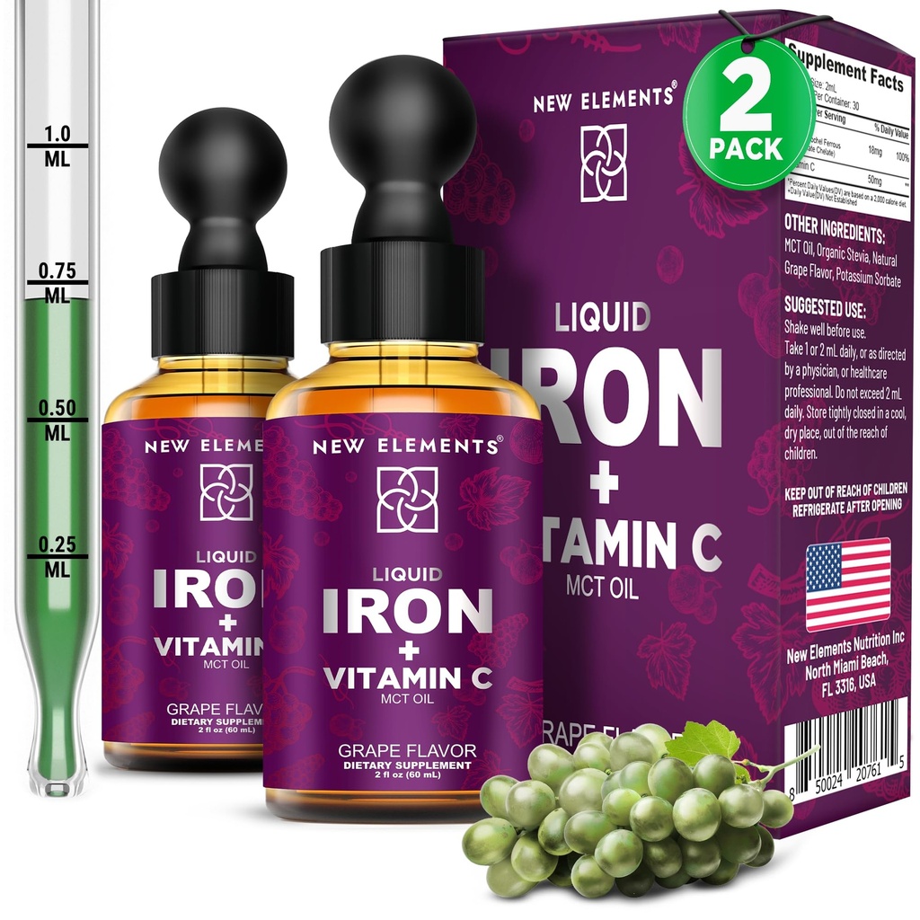 [2 Pack] Supplément en fer liquide avec vitamine C – 18mg Fer et 50mg Vitamine C pour le soutien de l'anémie – Gouttes de bâtisseur de sang pour les femmes et les hommes – Absorption rapide, stimule l'énergie et l'immunité – végétalien, non-OGM
