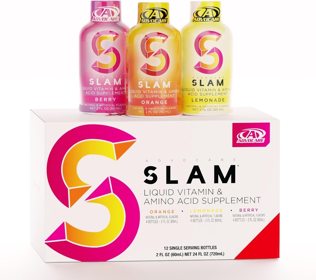 AdvoCare Slam Variety Pack - Liquid Vitamin & Amino Acid Supplement - Contains Vitamin B-12, B-6, Folic Acid & More - Orange, Berry & Lemonade - 12 Bottles