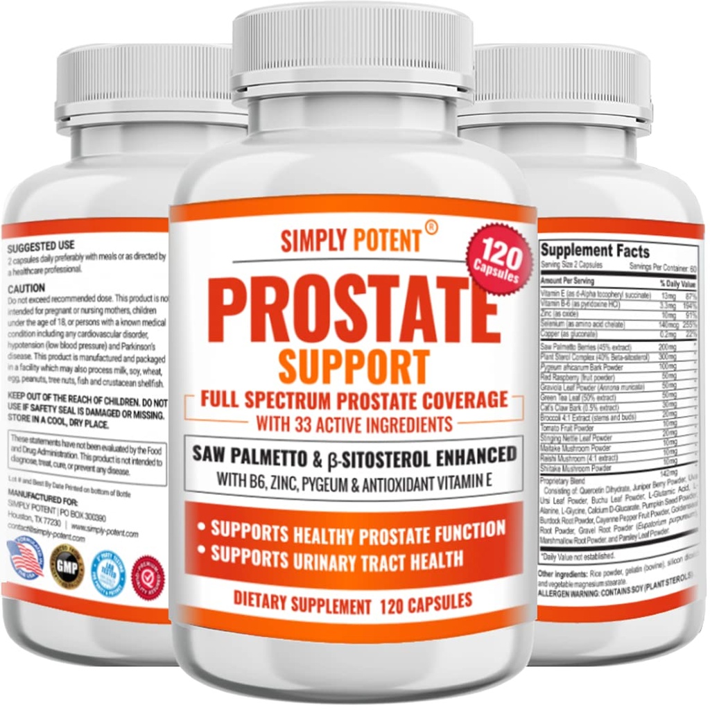 Prostata-Ergänzungen für Männer (120 Kapseln), Saw Palmetto Prostate Health Support - 33 Vitamine & Kräuter - Beta Sitosterol Plus B6, Selenium & Zink für gesunde Urination Häufigkeit & Flow & Proper Sleep