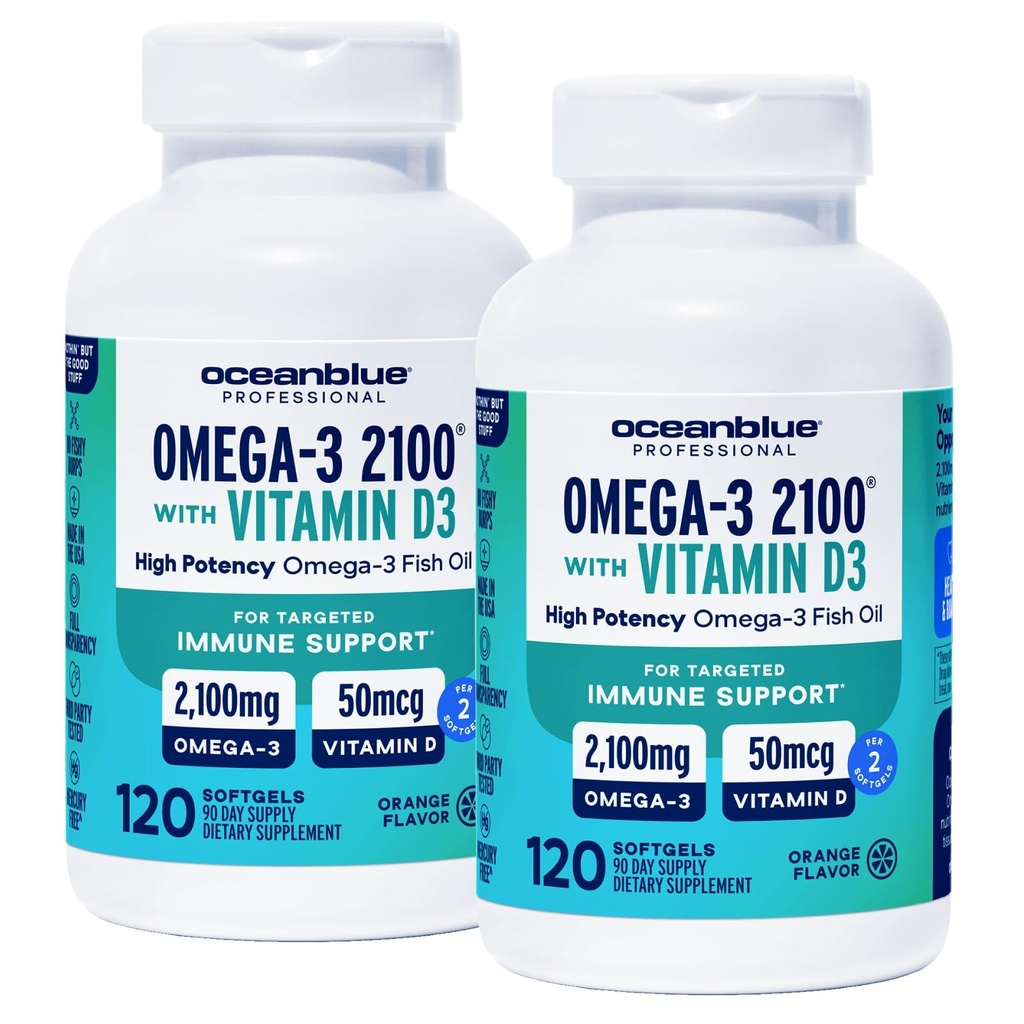 Oceanblue Professional Omega-3 2100 mit Vitamin D3 – 120 ct - 2pack – Triple Strength Burpless Fish Oil Supplement mit High-Potency EPA, DHA, DPA und Vitamin D3 – Wild-Caught – Orange Flavor
