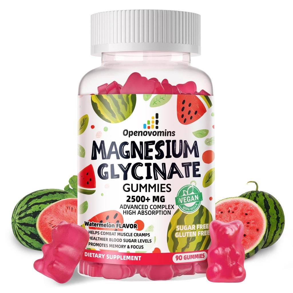 Magnesium Glycinate Gummies 2500mg - Zuckerfreie Magnesium Kalium-Ergänzung mit Vitamin D, B6, CoQ10 für ruhige Mood & Schlaf-Unterstützung - 90 Wassermelongummis