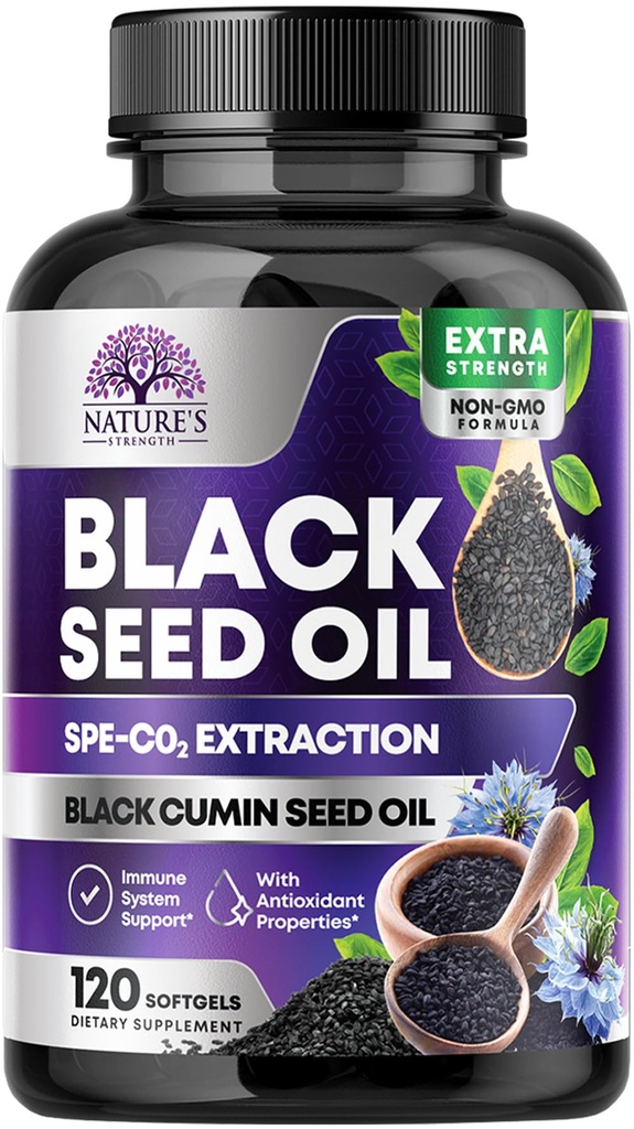 Schwarzes Saatgut Öl Kapseln 1000mg mit Thymochinon - Pure Nigella Sativa für Haut Gesundheit und Immununterstützung, 100% Schwarzes Öl, Erstaunliche Extraktion über kalt gepressten schwarzen Cumin Seed - 120 Softgels