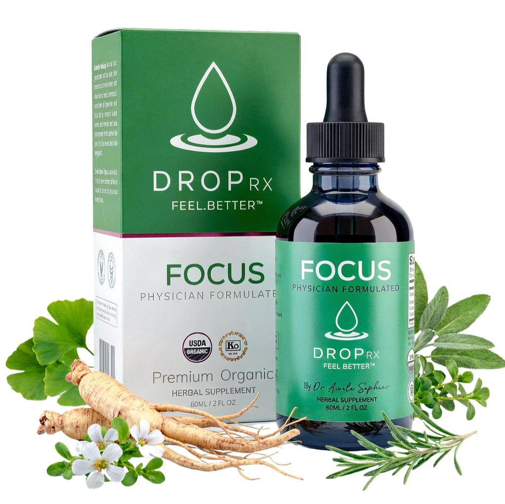 DropRx Focus par Nicole Saphier – Ginkgo Biloba & Ginseng, Bacopa, Rosemary & Sage pour l'amélioration de la mémoire et la focalisation cérébrale – Organique, non OGM, végétalien, sans gluten, casher, fabriqué aux États-Unis (2 Fl Oz)