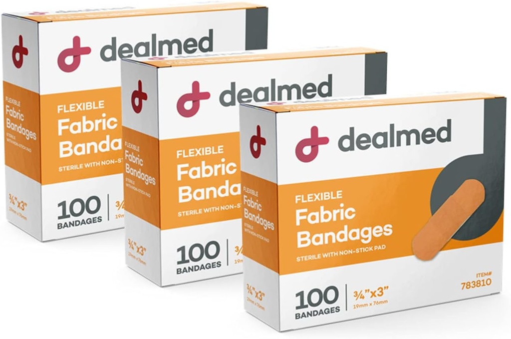 Dealmed Stoff Flexible Klebebänder – 100 Count (3 Pack) Bandagen mit Non-Stick Pad, Latexfrei, Wund Care für First Aid Kit, 3" x 3/4"